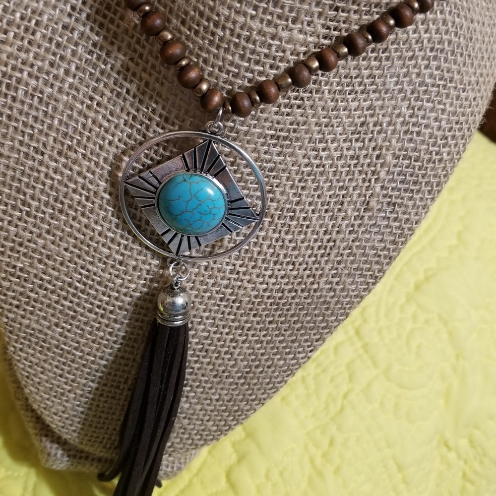 Hannah - Turquoise and wood bead Necklace